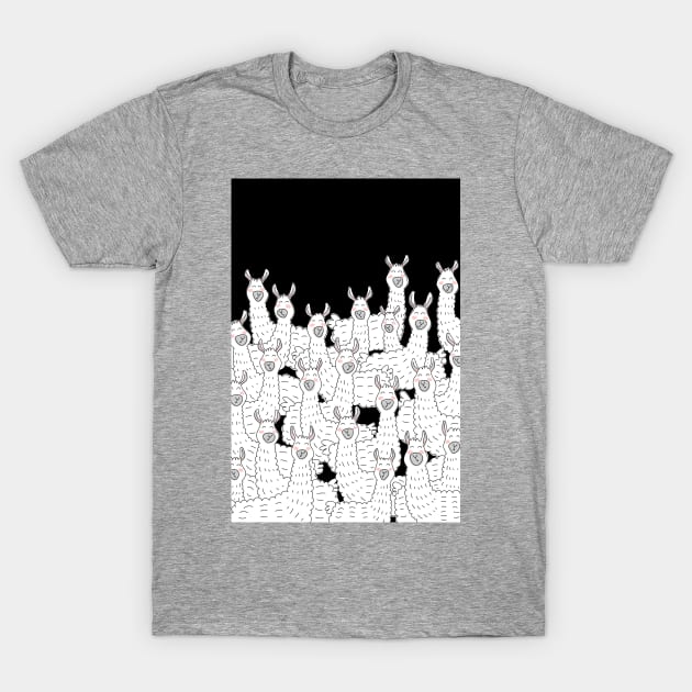 Llama Party - Black and White T-Shirt by HappyCatPrints